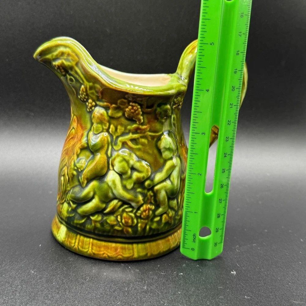 Vintage Norton VA Majolica Cherub Relief Ceramic Pitcher Creamer Jug Cottagecore